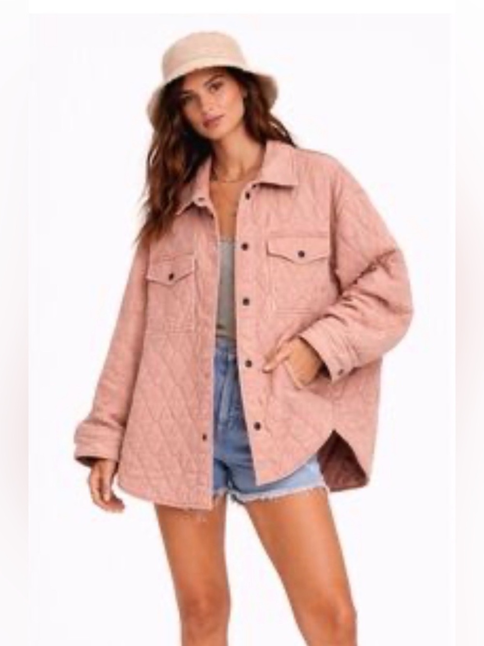 Joie Oversized Quilted Classic Shacket Dusty Rose Pink w Snap Button Closure (M)